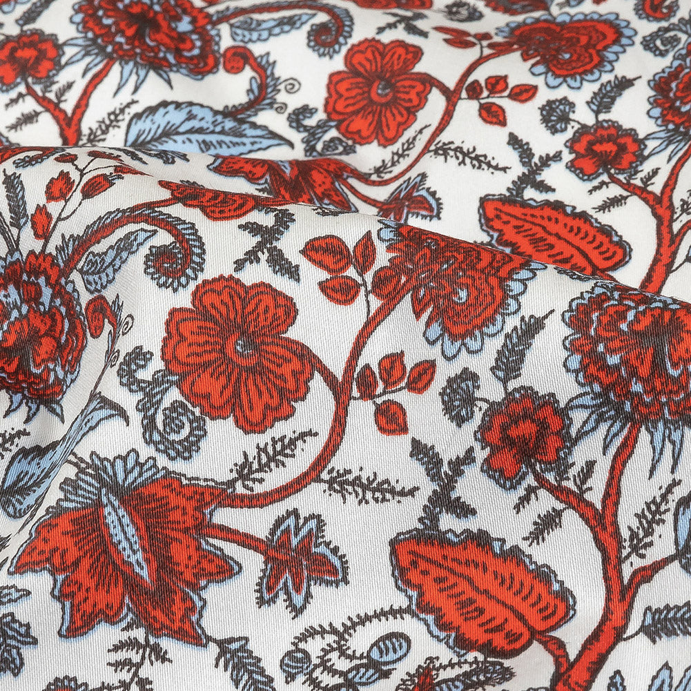 Poinciana, Crystal Blue and Snow White Floral Stems Cotton Sateen Detail