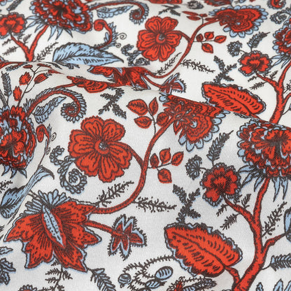 Poinciana, Crystal Blue and Snow White Floral Stems Cotton Sateen Detail