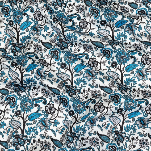 Vapor Blue, Tap Shoe and Snow White Floral Stems Cotton Sateen