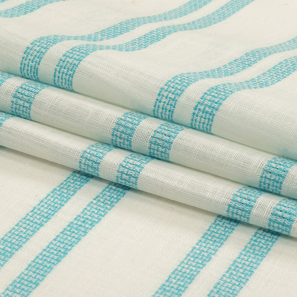Turquoise and White Textural Striped Slubbed Cotton Woven Folded
