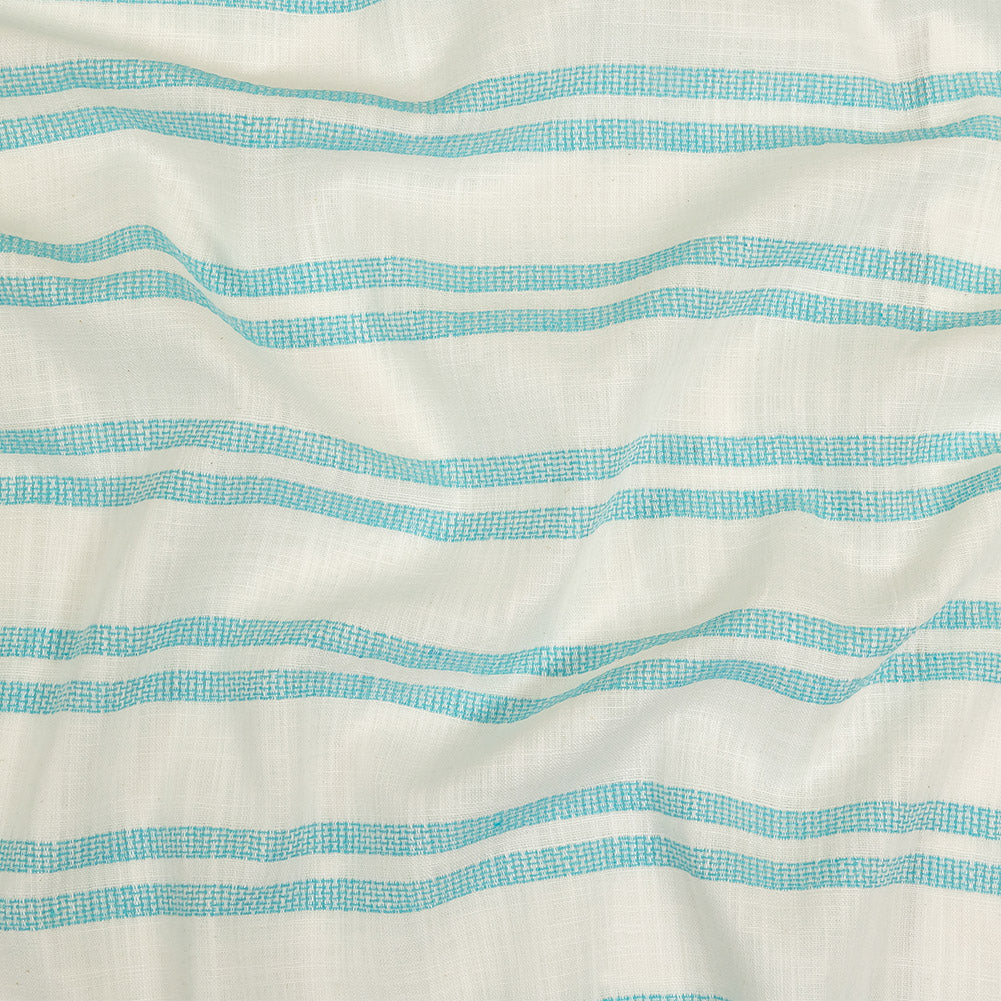 Turquoise and White Textural Striped Slubbed Cotton Woven