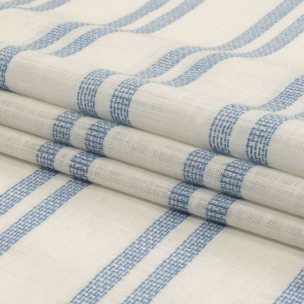 French Blue and White Textural Striped Slubbed Cotton Woven Folded