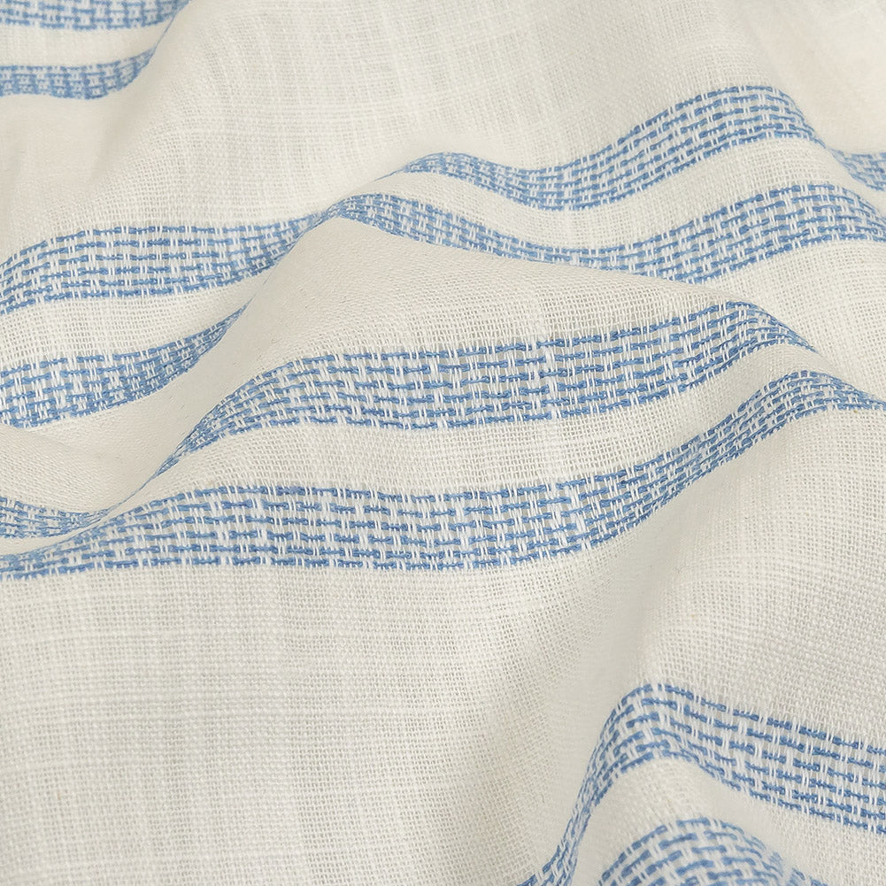 French Blue and White Textural Striped Slubbed Cotton Woven Detail