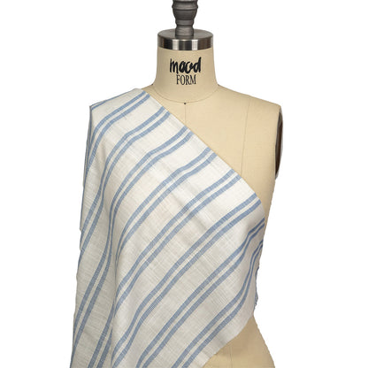 French Blue and White Textural Striped Slubbed Cotton Woven Drape
