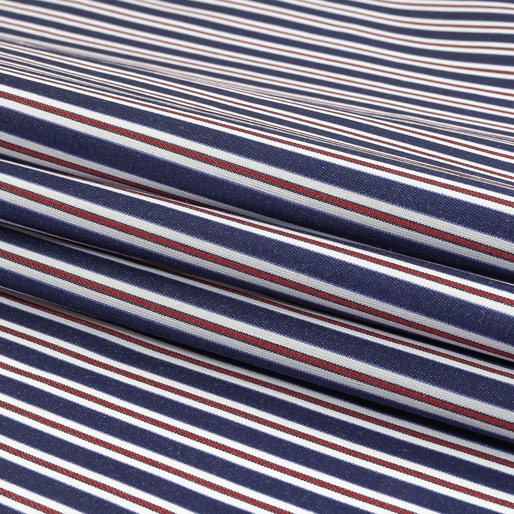 Blue, Red and White Halo Stripes Twill Cotton Shirting Folded