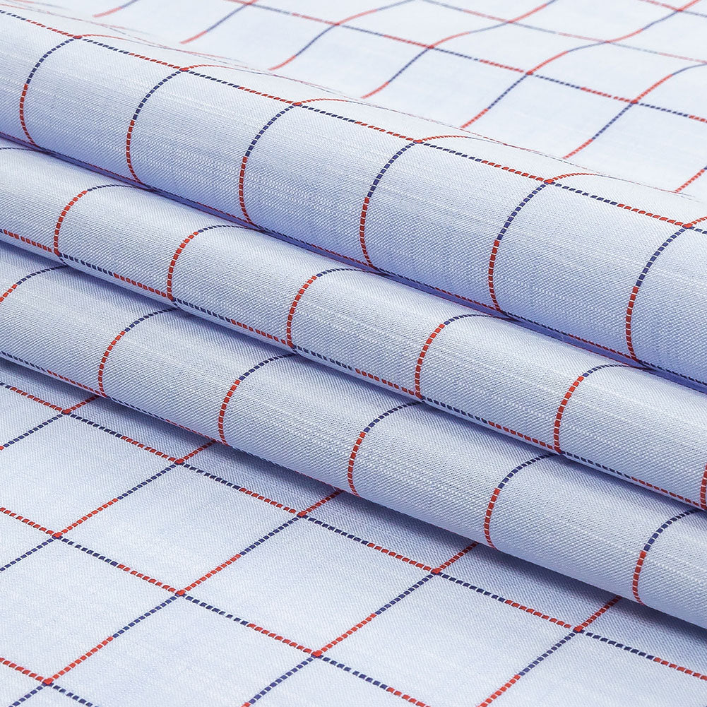 Light Blue, Dark Blue and Red Windowpane Check Slubbed Cotton Shirting Folded