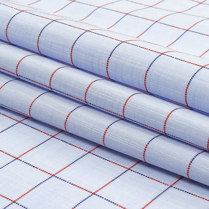 Light Blue, Dark Blue and Red Windowpane Check Slubbed Cotton Shirting Folded