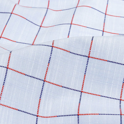 Light Blue, Dark Blue and Red Windowpane Check Slubbed Cotton Shirting Detail