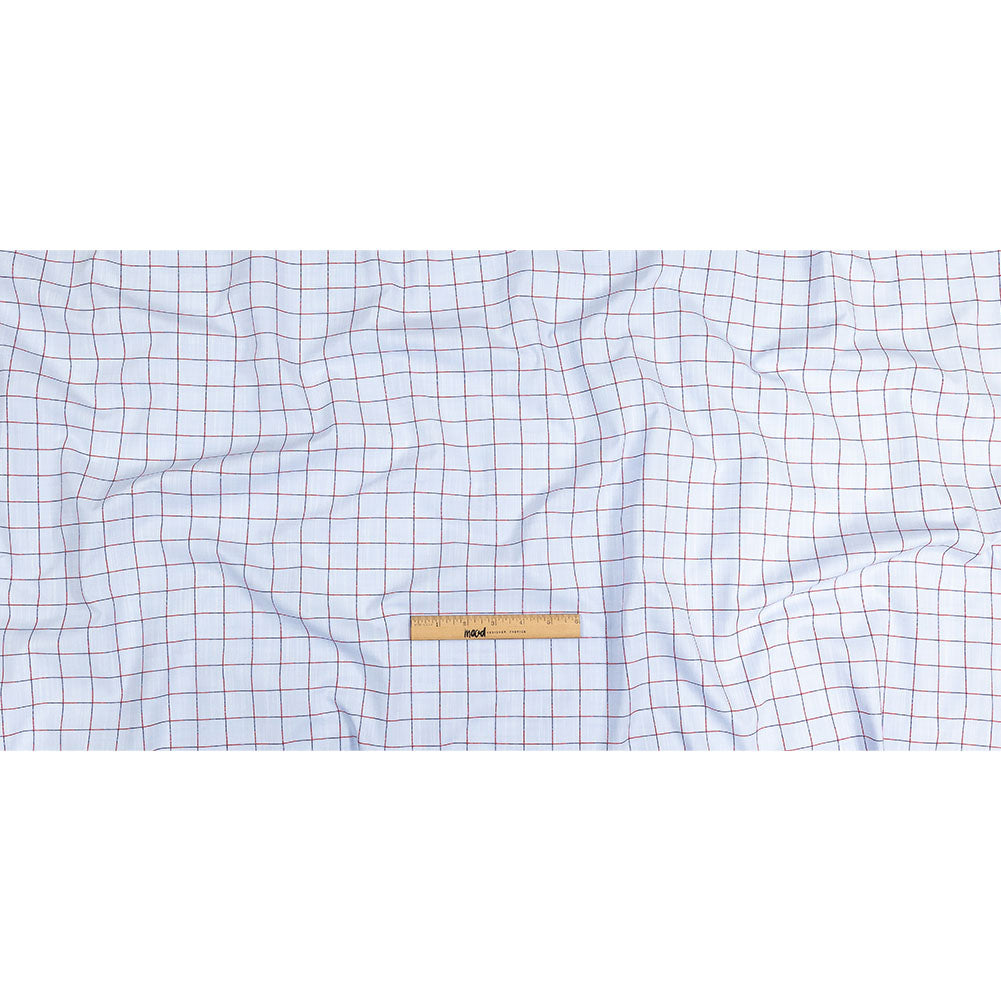 Light Blue, Dark Blue and Red Windowpane Check Slubbed Cotton Shirting Full