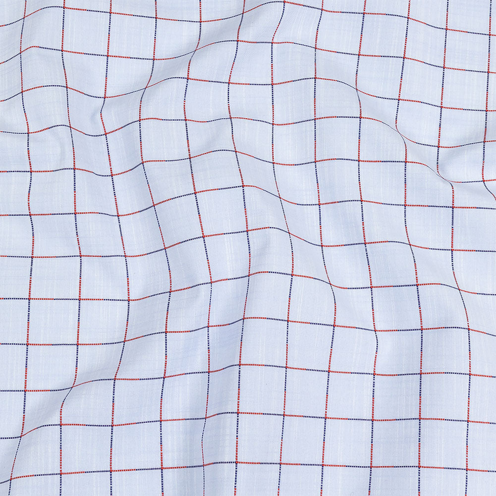 Light Blue, Dark Blue and Red Windowpane Check Slubbed Cotton Shirting