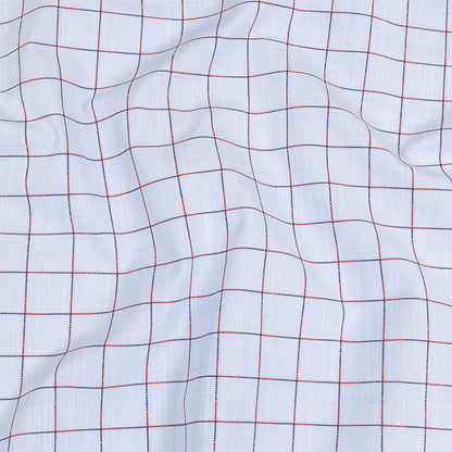 Light Blue, Dark Blue and Red Windowpane Check Slubbed Cotton Shirting