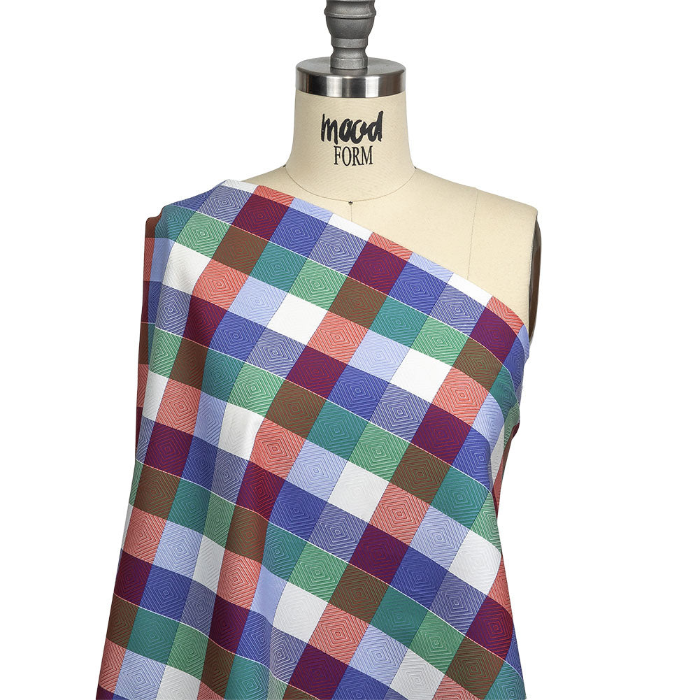 Red, Blue and Green Diamonds in Checks Cotton Jacquard Shirting Drape