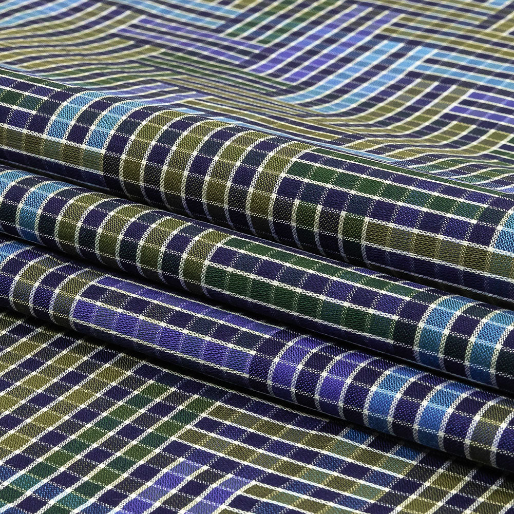 Astral Aura and Chive Log Cabin Plaid Cotton Shirting Folded