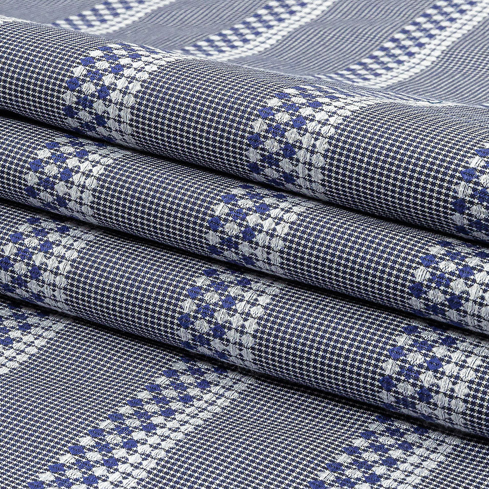 Blue and White Diamond Stripes and Checks Cotton Jacquard Folded