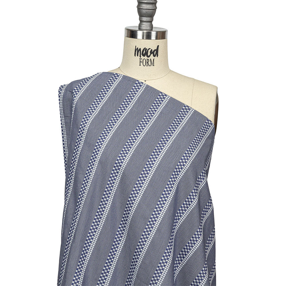 Blue and White Diamond Stripes and Checks Cotton Jacquard Drape