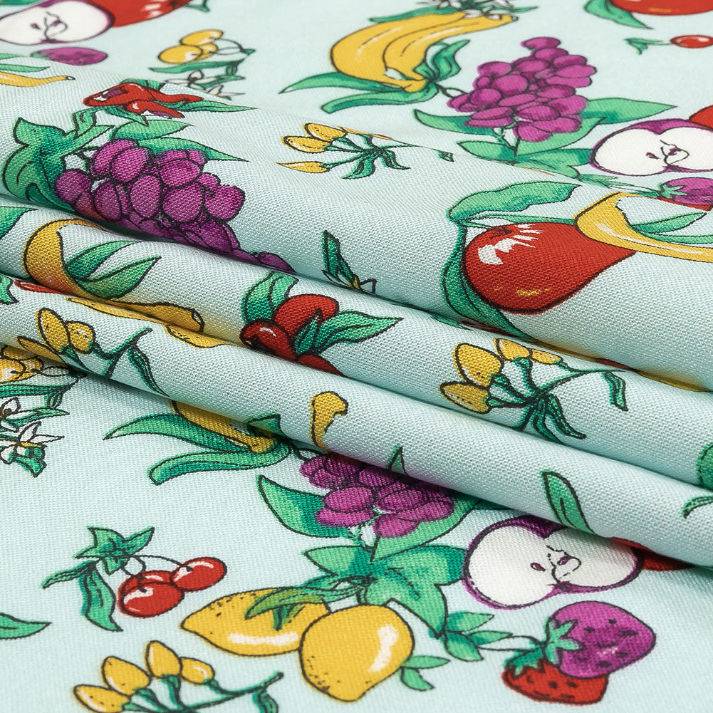 Pale Blue, Green and Yellow Fruit Viscose Batiste Folded