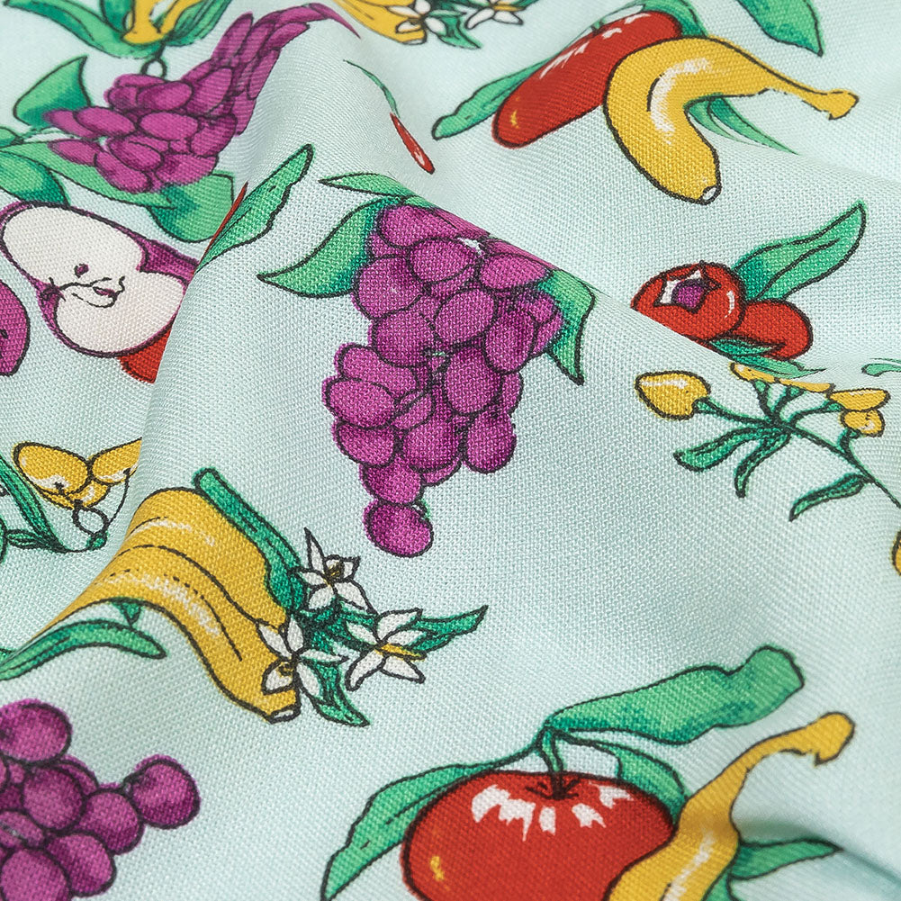 Pale Blue, Green and Yellow Fruit Viscose Batiste Detail