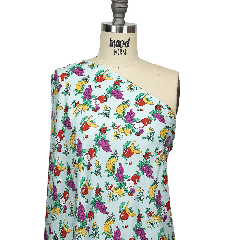 Pale Blue, Green and Yellow Fruit Viscose Batiste Drape