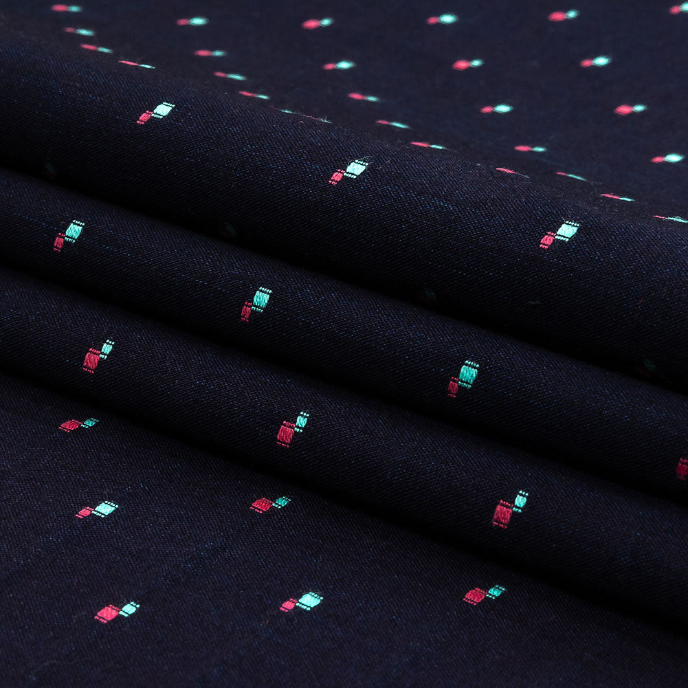 Evening Blue, Pink and Dusty Turquoise Squares Cotton Jacquard Shirting Folded
