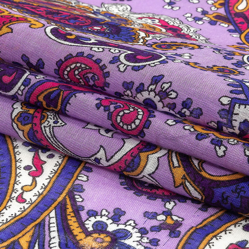 Gauzy Cotton Voile - Lilac, Cobalt and Pink Paisley - Deadstock Folded