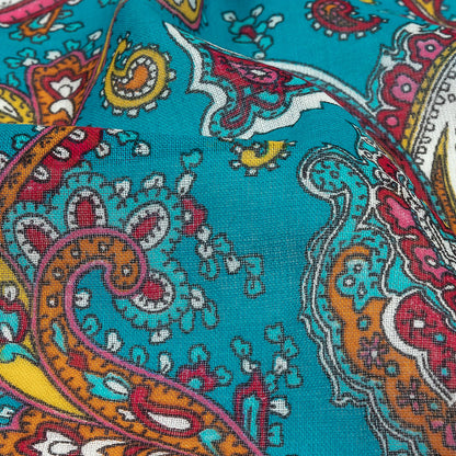 Gauzy Cotton Voile - Turquoise, Pink and White Paisley - Deadstock Detail