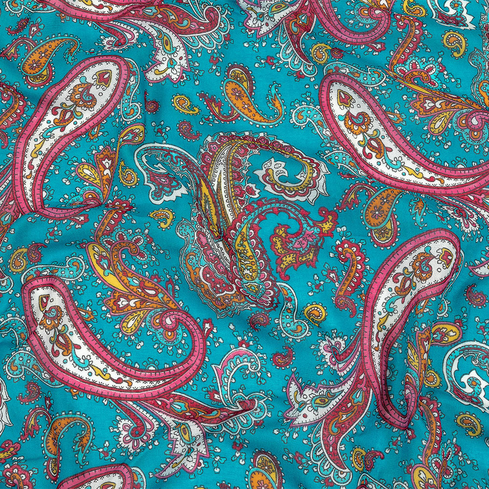 Gauzy Cotton Voile - Turquoise, Pink and White Paisley - Deadstock