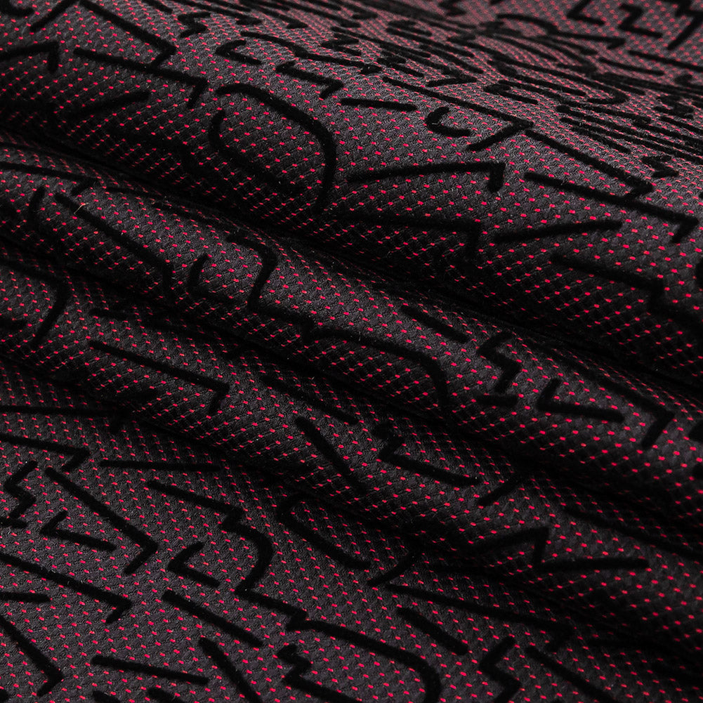Black Flocked Drop Shadow Letters on Windsor Wine and Black Spotted Cotton Dobby Folded