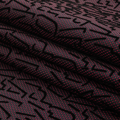 Black Flocked Drop Shadow Letters on Windsor Wine and Black Spotted Cotton Dobby Folded