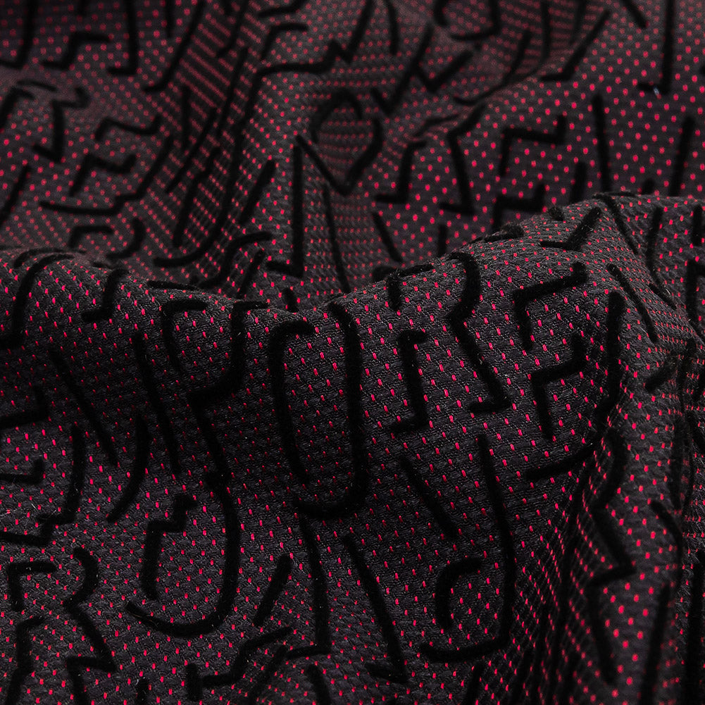 Black Flocked Drop Shadow Letters on Windsor Wine and Black Spotted Cotton Dobby Detail