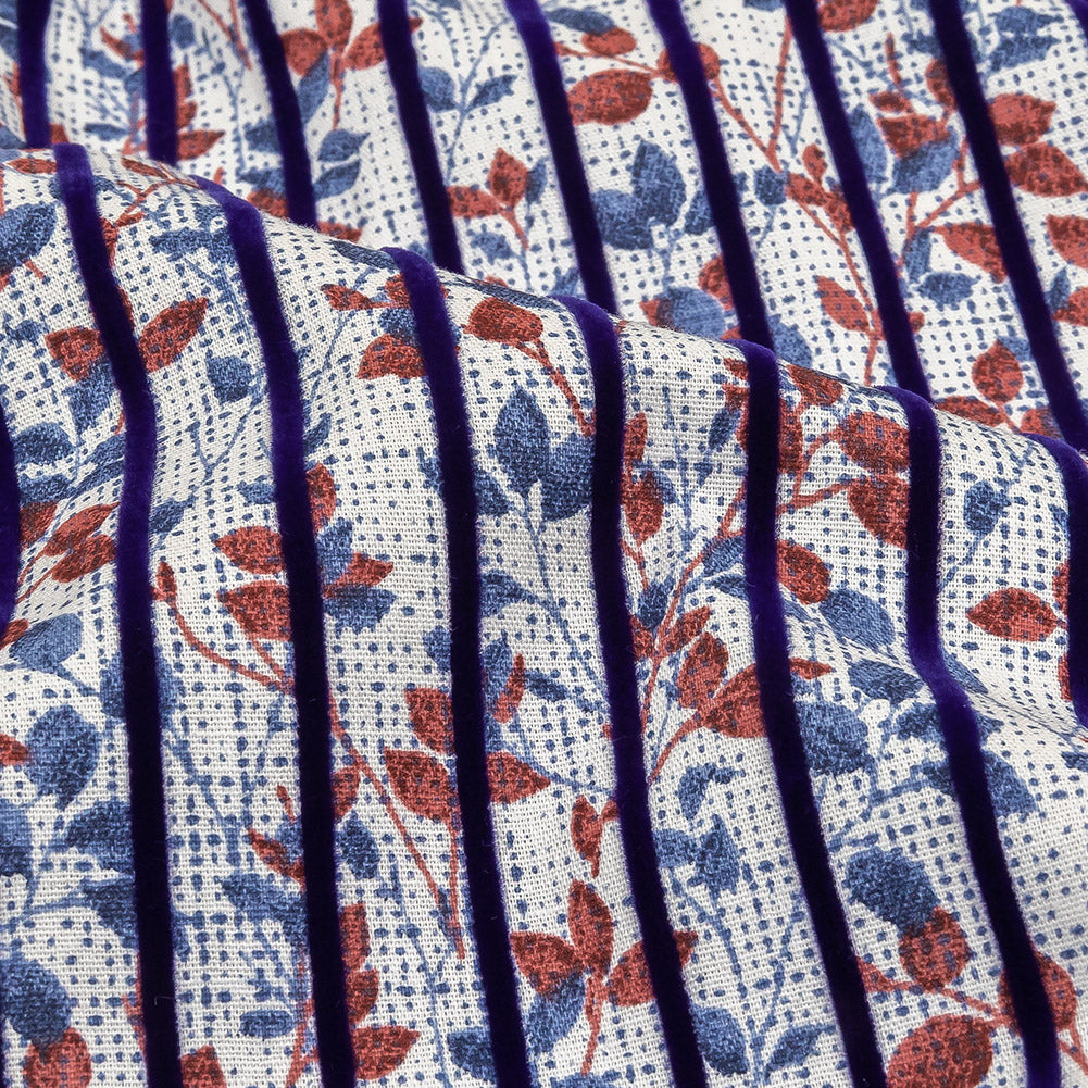 Navy Flocked Stripes on Red, Blue and White Leafy Cotton Shirting with Give Detail