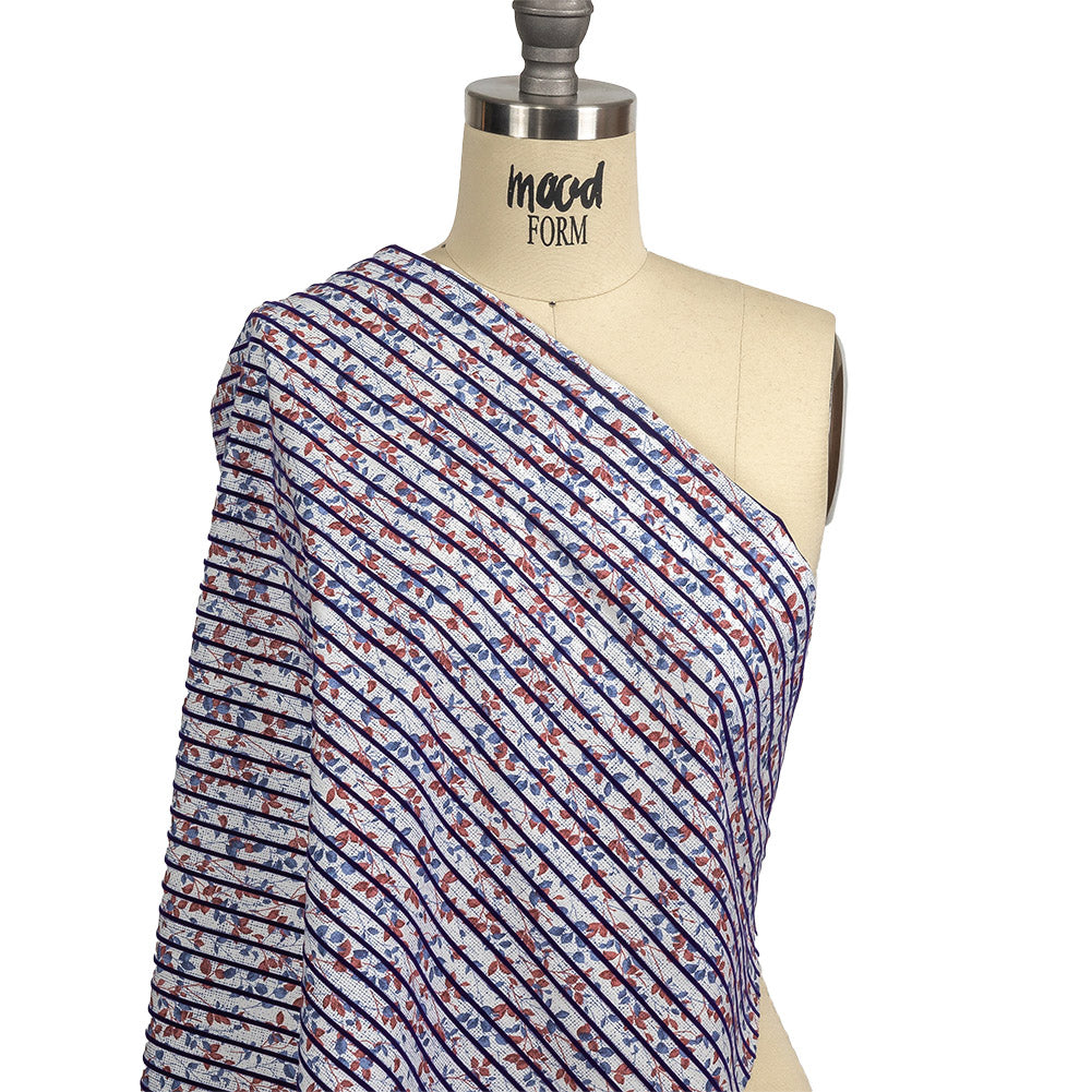 Navy Flocked Stripes on Red, Blue and White Leafy Cotton Shirting with Give Drape