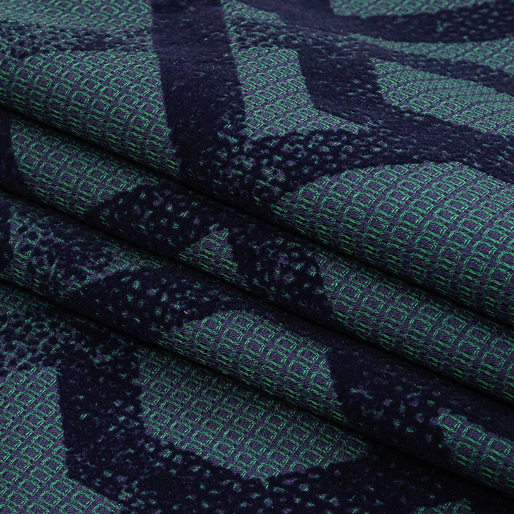 Navy Distressed Geometric Flocking on Hunter Green and Peacoat Rectangles Cotton Dobby Folded