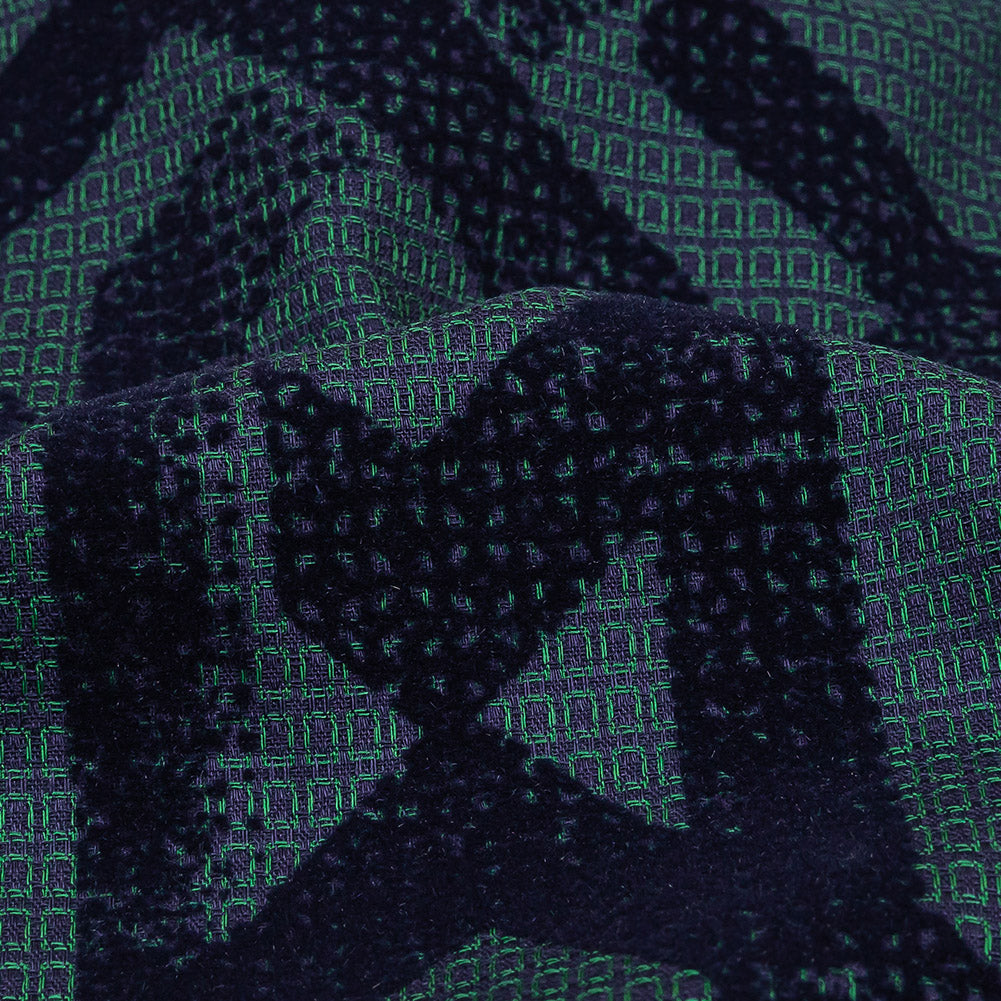 Navy Distressed Geometric Flocking on Hunter Green and Peacoat Rectangles Cotton Dobby Detail