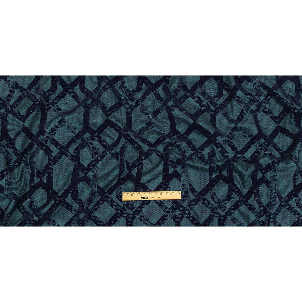 Navy Distressed Geometric Flocking on Hunter Green and Peacoat Rectangles Cotton Dobby Full