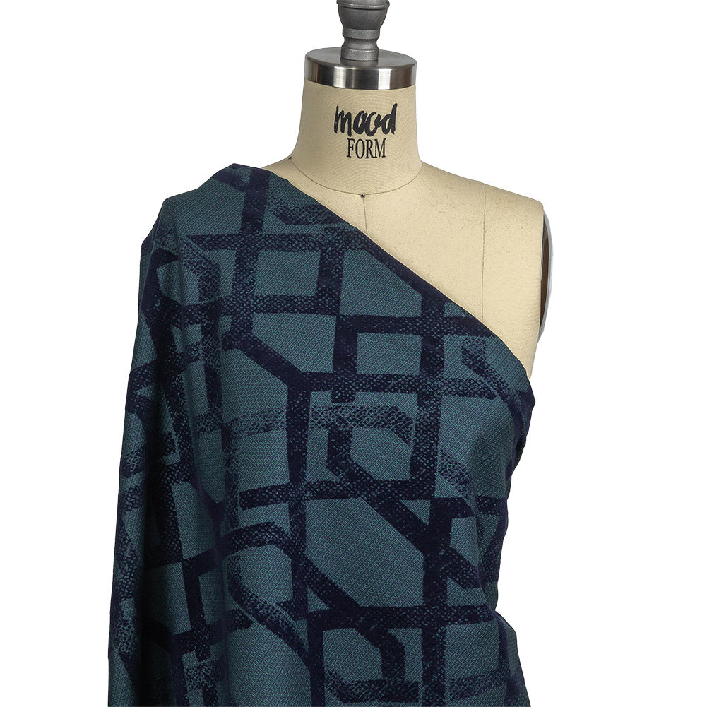 Navy Distressed Geometric Flocking on Hunter Green and Peacoat Rectangles Cotton Dobby Drape