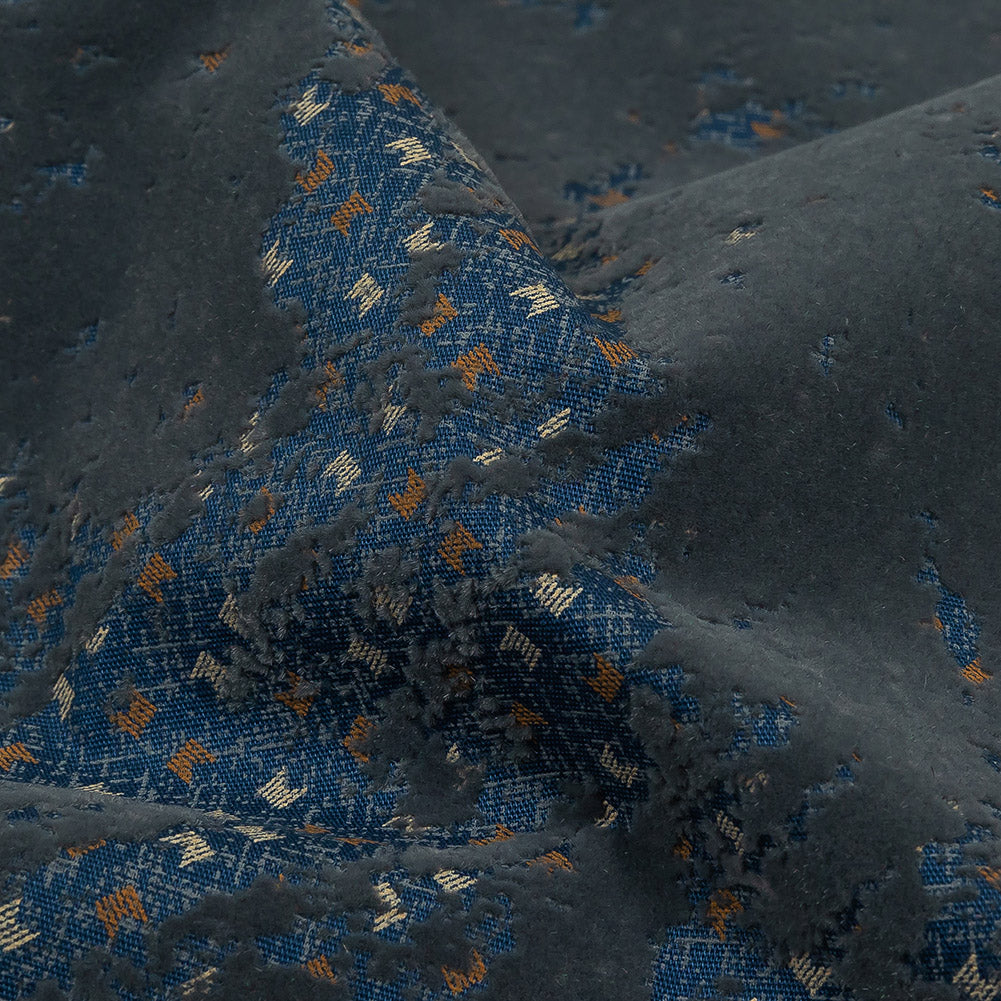 Gray Distressed Flocking on Blue, Tan and Beige Geometric Printed Cotton Shirting Detail