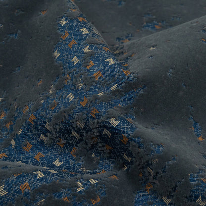 Gray Distressed Flocking on Blue, Tan and Beige Geometric Printed Cotton Shirting Detail