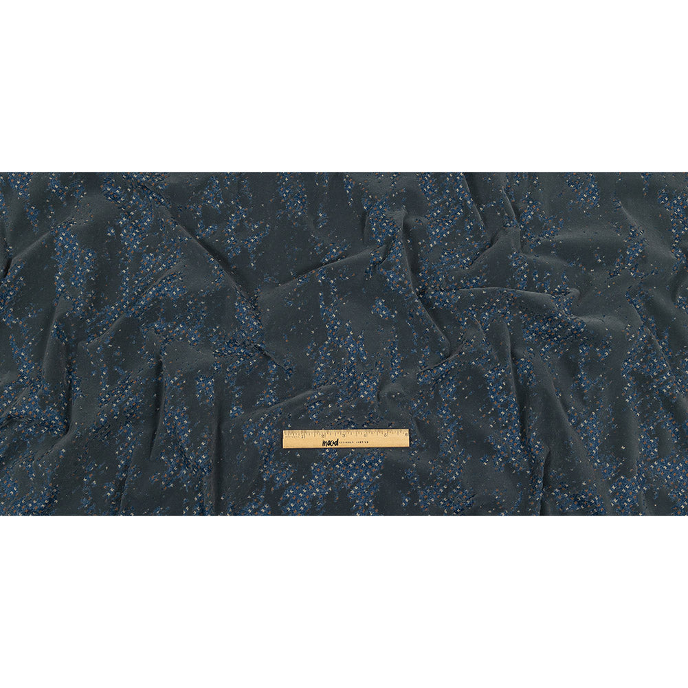 Gray Distressed Flocking on Blue, Tan and Beige Geometric Printed Cotton Shirting Full