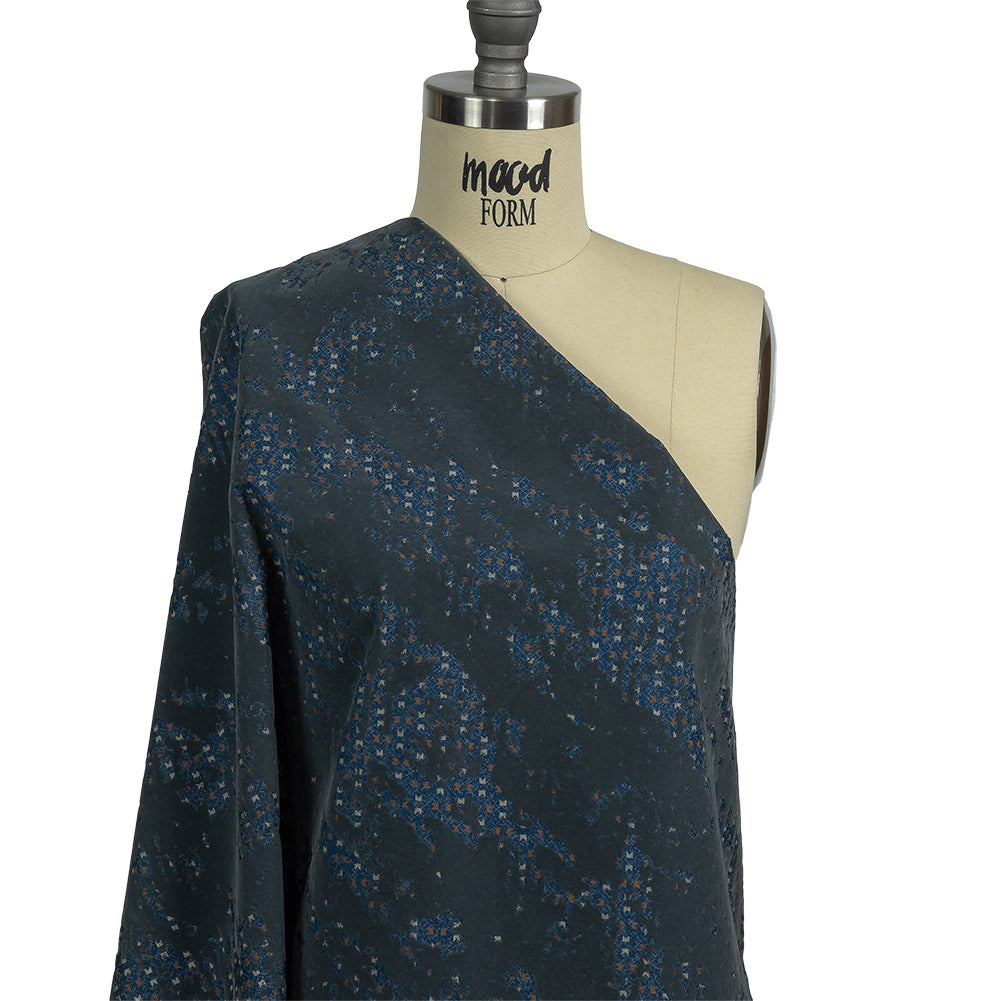 Gray Distressed Flocking on Blue, Tan and Beige Geometric Printed Cotton Shirting Drape