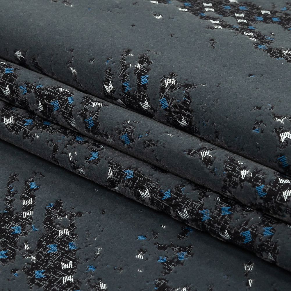 Gray Distressed Flocking on Gray, Blue and Sleet Geometric Printed Cotton Shirting Folded