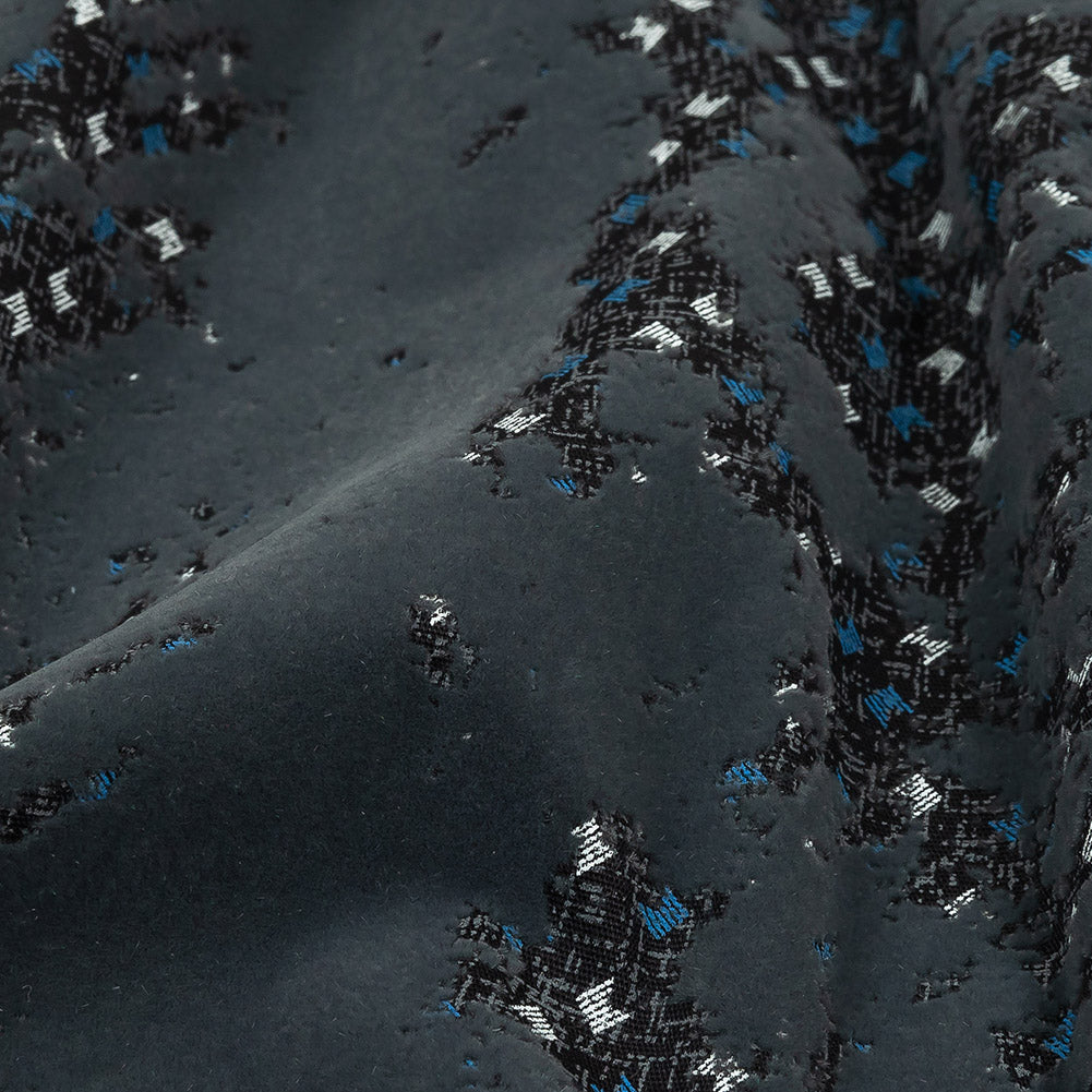 Gray Distressed Flocking on Gray, Blue and Sleet Geometric Printed Cotton Shirting Detail