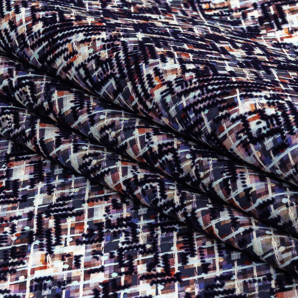 Evening Blue Geometric Flocking on Crushed Berry, Steel and White Abstract Printed Cotton Shirting Folded