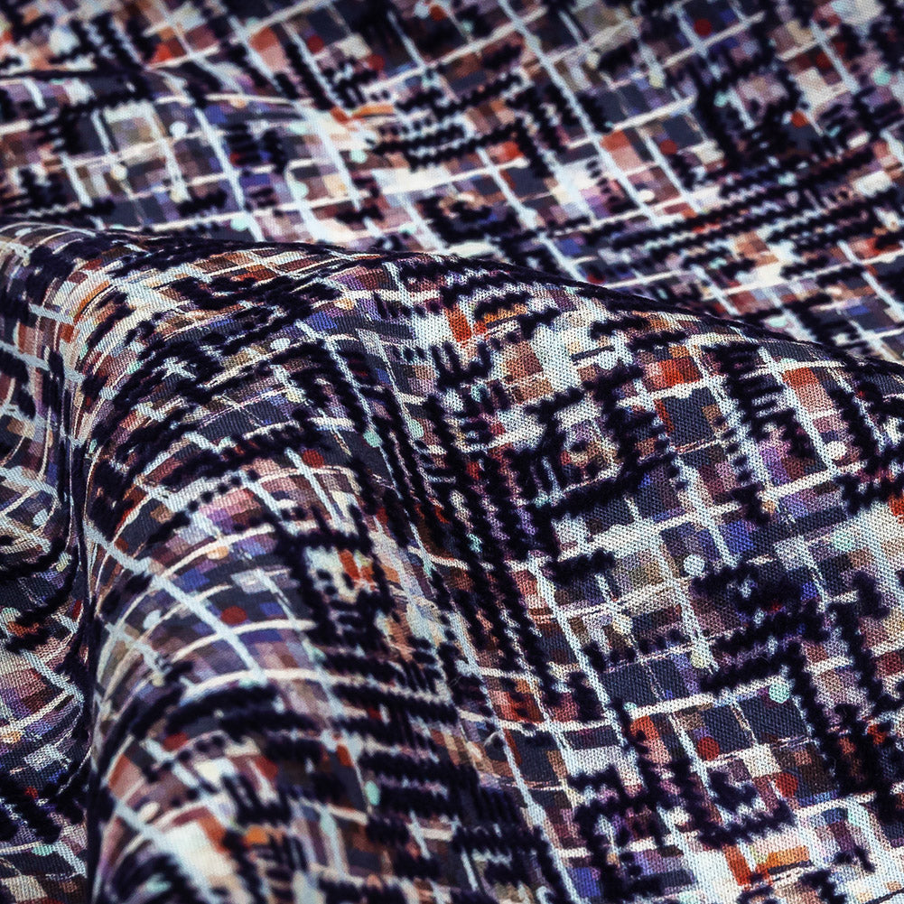Evening Blue Geometric Flocking on Crushed Berry, Steel and White Abstract Printed Cotton Shirting Detail