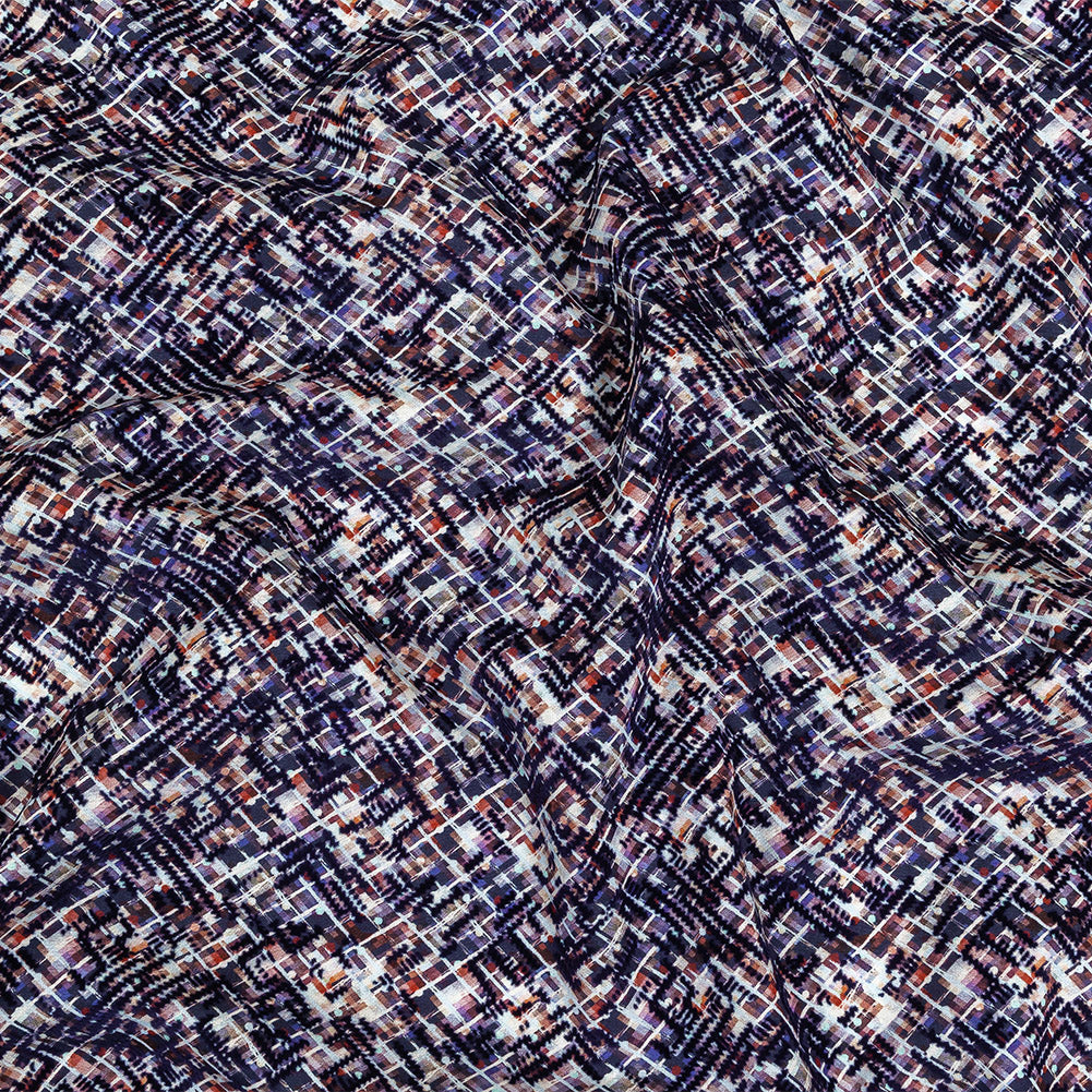 Evening Blue Geometric Flocking on Crushed Berry, Steel and White Abstract Printed Cotton Shirting