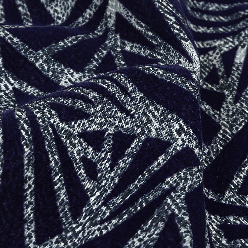 Navy Flocked Triangles on Cosmic Sky and White Distressed Chevrons Cotton Shirting Detail