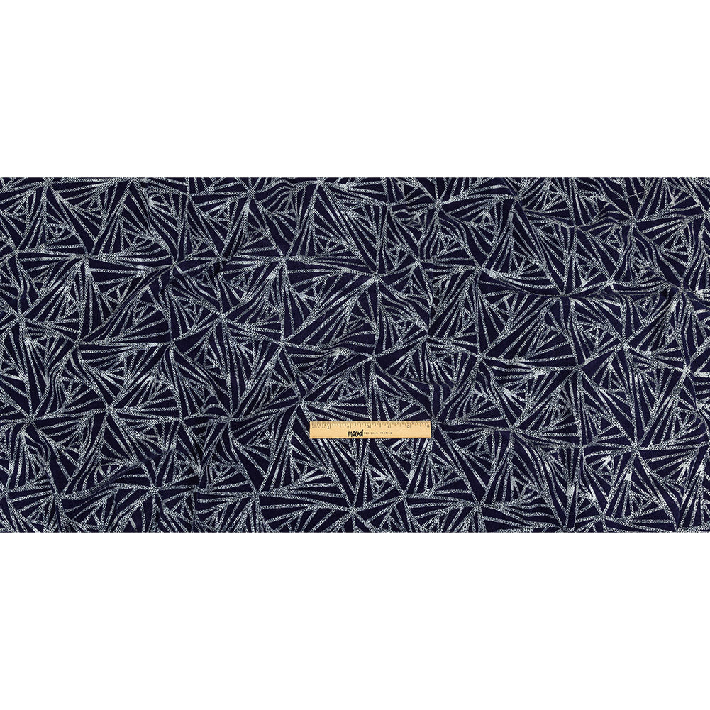 Navy Flocked Triangles on Cosmic Sky and White Distressed Chevrons Cotton Shirting Full