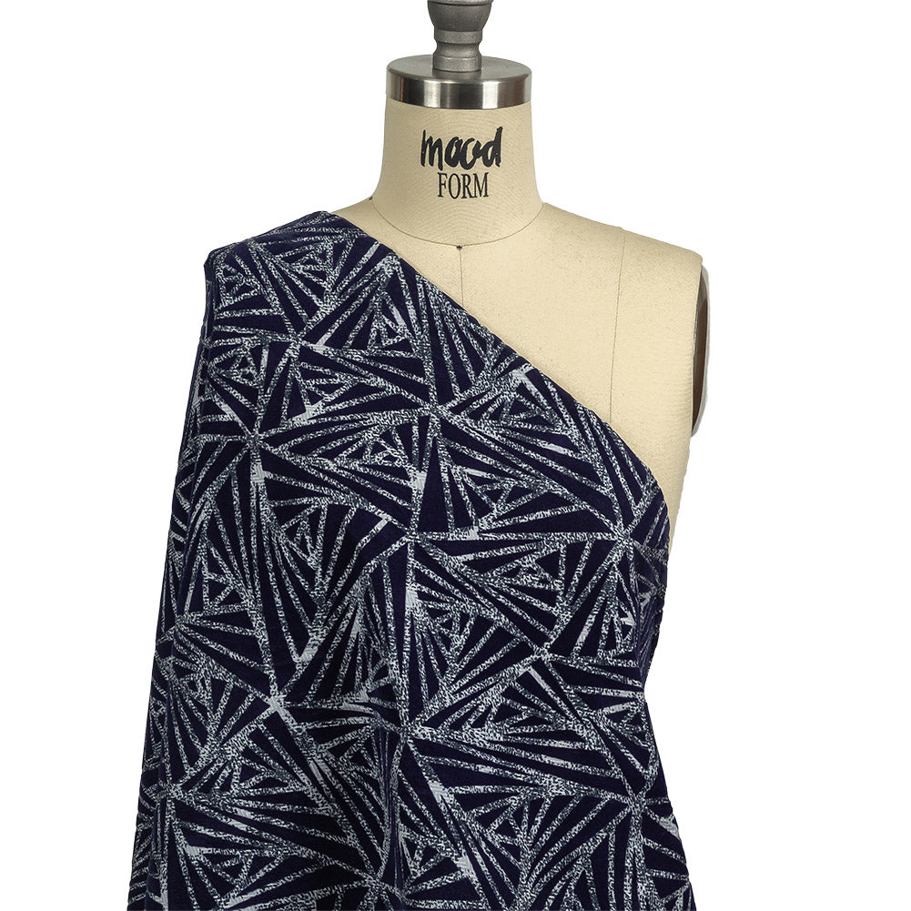 Navy Flocked Triangles on Cosmic Sky and White Distressed Chevrons Cotton Shirting Drape