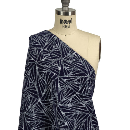 Navy Flocked Triangles on Cosmic Sky and White Distressed Chevrons Cotton Shirting Drape
