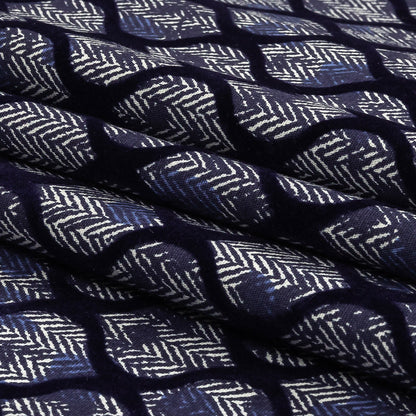 Navy Flocked Ogees on Floral and Herringbone Printed Stretch Cotton Shirting Folded