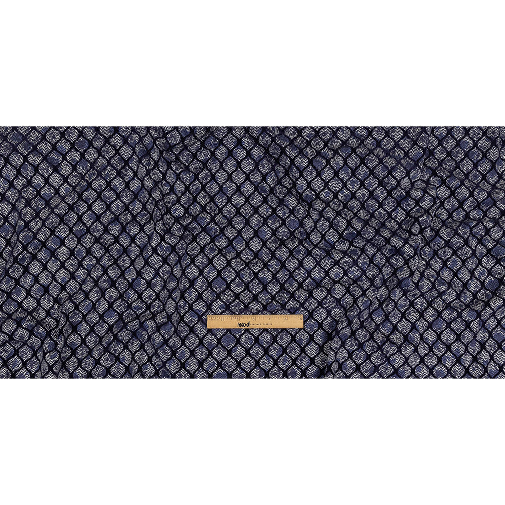 Navy Flocked Ogees on Floral and Herringbone Printed Stretch Cotton Shirting Full